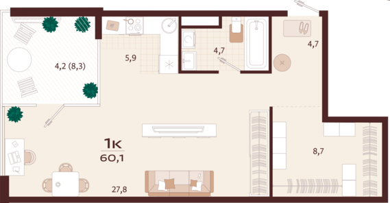 1-комнатная квартира №149 60,1 м2 от застройщика ГК ТОЧНО