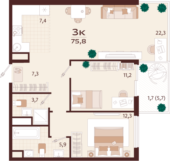 3-комнатная квартира №151 75,8 м2 от застройщика ГК ТОЧНО