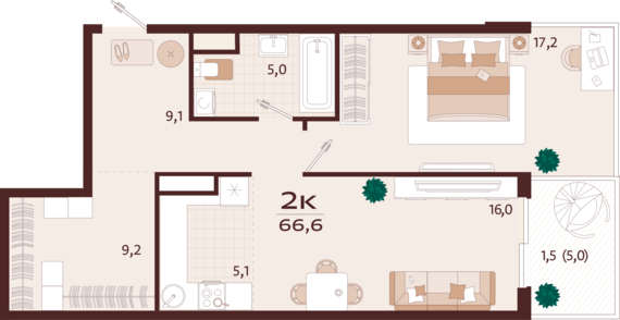 2-комнатная квартира №152 66,6 м2 от застройщика ГК ТОЧНО