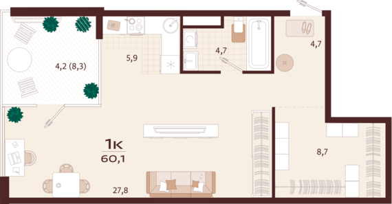 1-комнатная квартира №157 60,1 м2 от застройщика ГК ТОЧНО