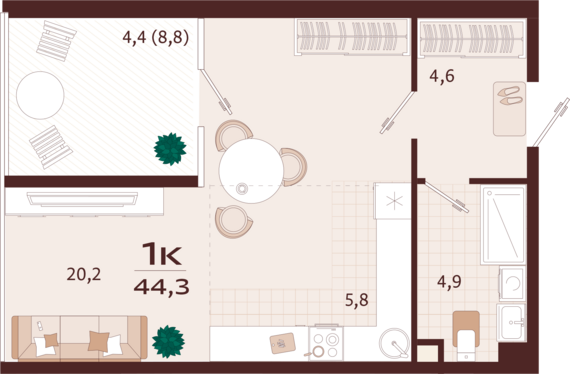 1-комнатная квартира №158 44,3 м2 от застройщика ГК ТОЧНО