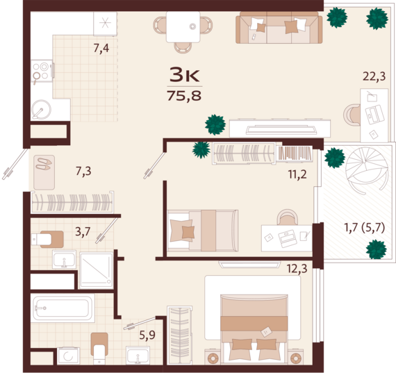 3-комнатная квартира №159 75,8 м2 от застройщика ГК ТОЧНО