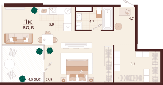 1-комнатная квартира №161 60,8 м2 от застройщика ГК ТОЧНО