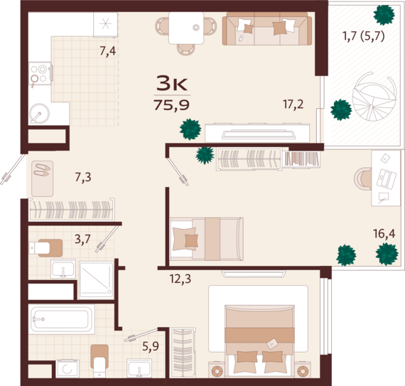 3-комнатная квартира №163 75,9 м2 от застройщика ГК ТОЧНО