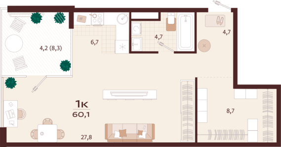 1-комнатная квартира №165 60,1 м2 от застройщика ГК ТОЧНО