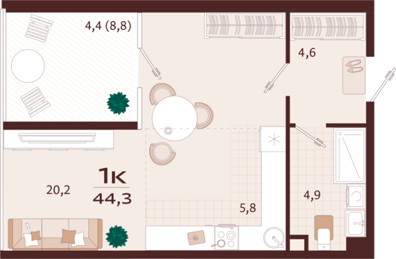 1-комнатная квартира №166 44,3 м2 от застройщика ГК ТОЧНО