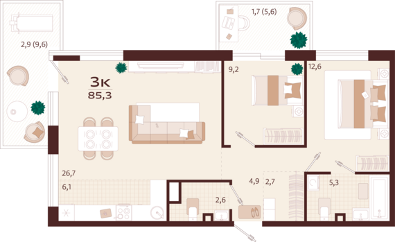 3-комнатная квартира №6 85,3 м2 от застройщика ГК ТОЧНО
