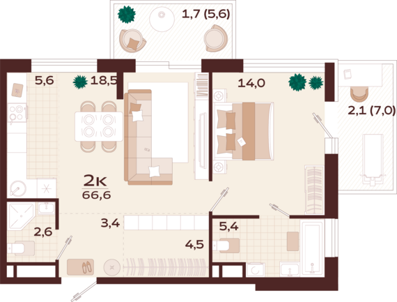 2-комнатная квартира №44 66,6 м2 от застройщика ГК ТОЧНО