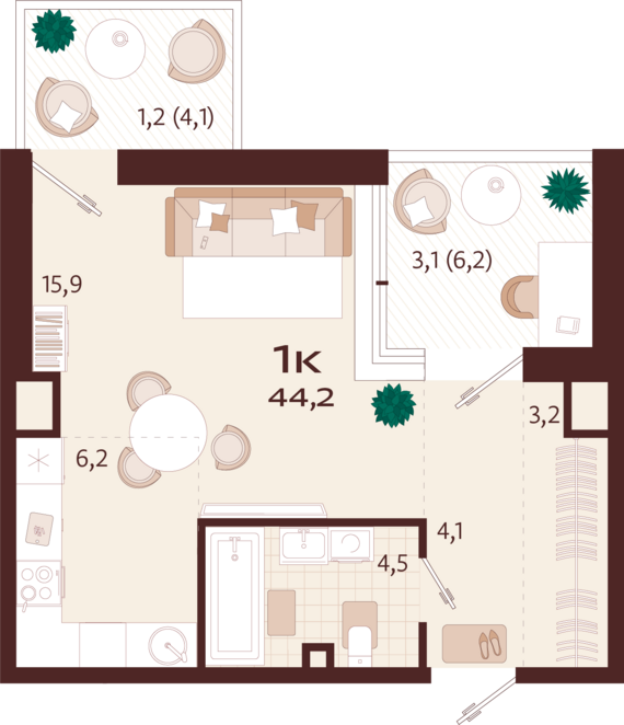 1-комнатная квартира №45 44,2 м2 от застройщика ГК ТОЧНО