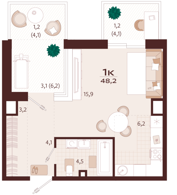 1-комнатная квартира №56 48,3 м2 от застройщика ГК ТОЧНО
