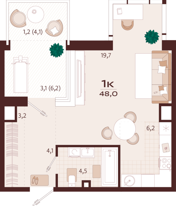 1-комнатная квартира №21 48 м2 от застройщика ГК ТОЧНО