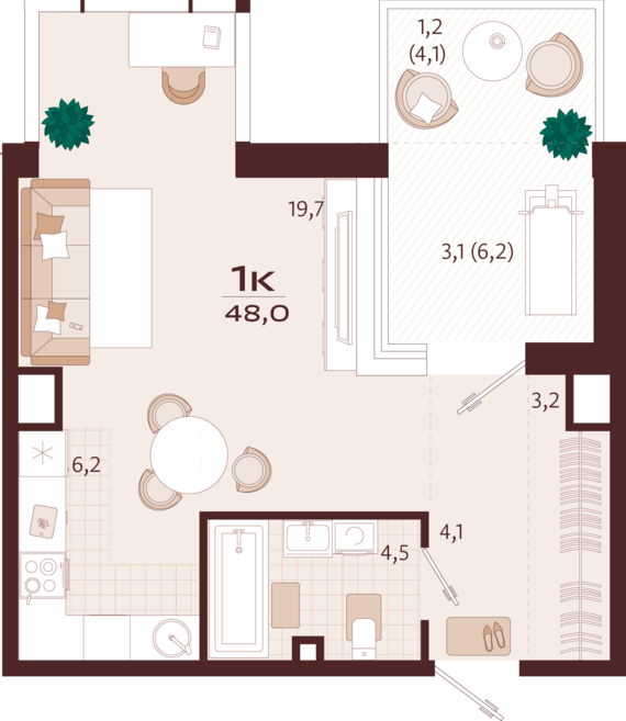 1-комнатная квартира №35 48 м2 от застройщика ГК ТОЧНО