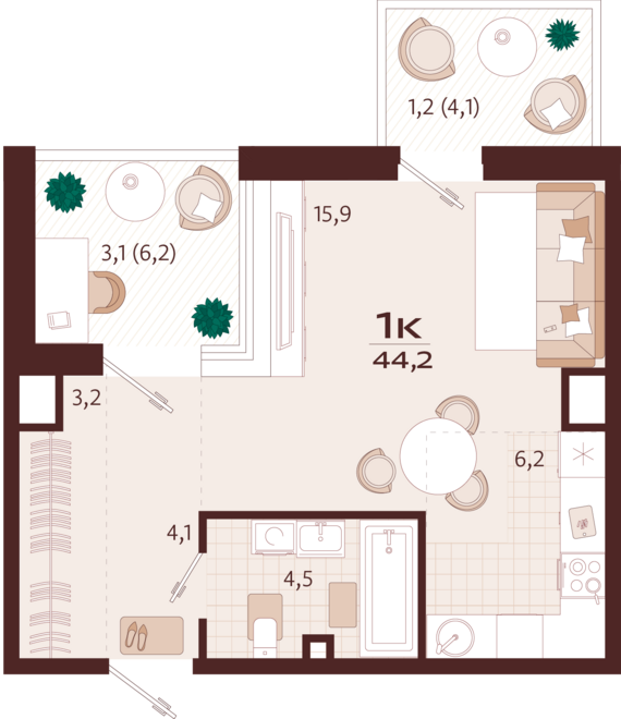 1-комнатная квартира №38 44,2 м2 от застройщика ГК ТОЧНО