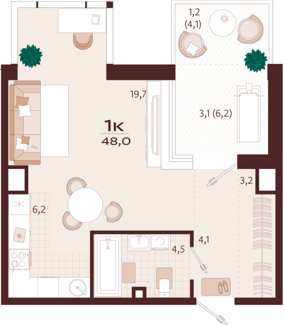 1-комнатная квартира №42 48 м2 от застройщика ГК ТОЧНО