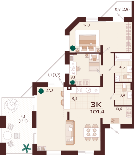 3-комнатная квартира №1 101,4 м2 от застройщика ГК ТОЧНО
