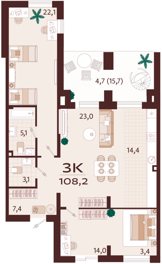 3-комнатная квартира №2 108,2 м2 от застройщика ГК ТОЧНО