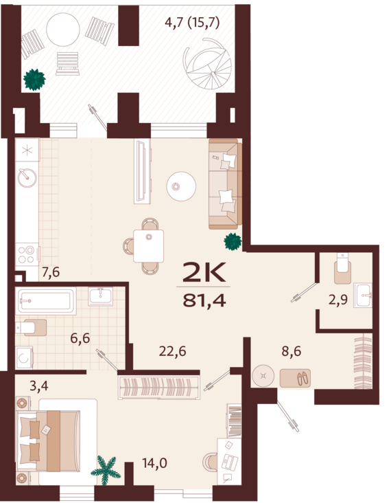 2-комнатная квартира №3 81,4 м2 от застройщика ГК ТОЧНО