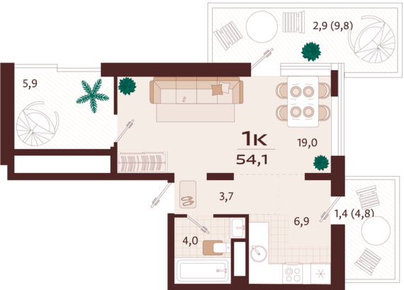 1-комнатная квартира №5 54,1 м2 от застройщика ГК ТОЧНО