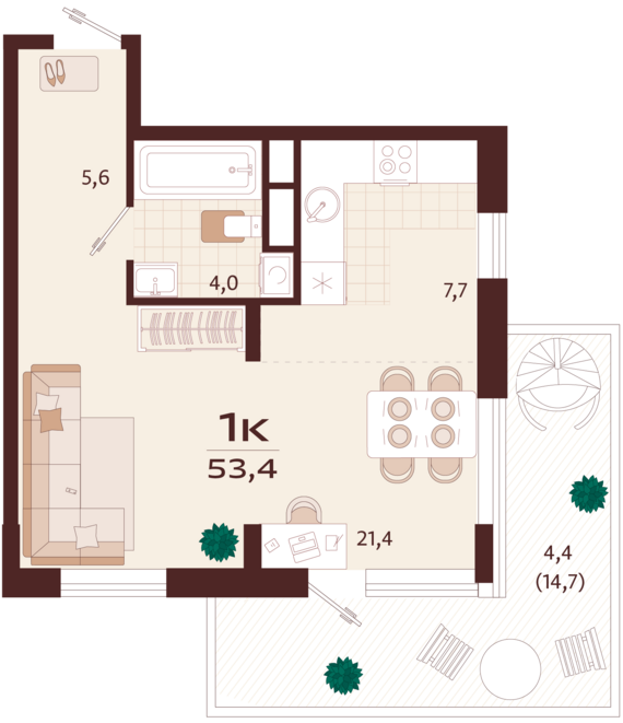 1-комнатная квартира №6 53,4 м2 от застройщика ГК ТОЧНО
