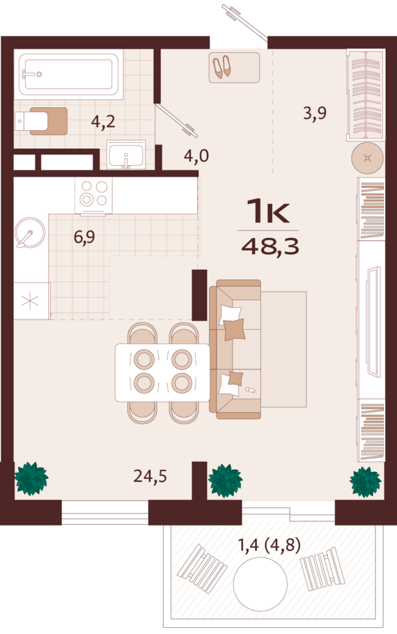 1-комнатная квартира №7 48,3 м2 от застройщика ГК ТОЧНО