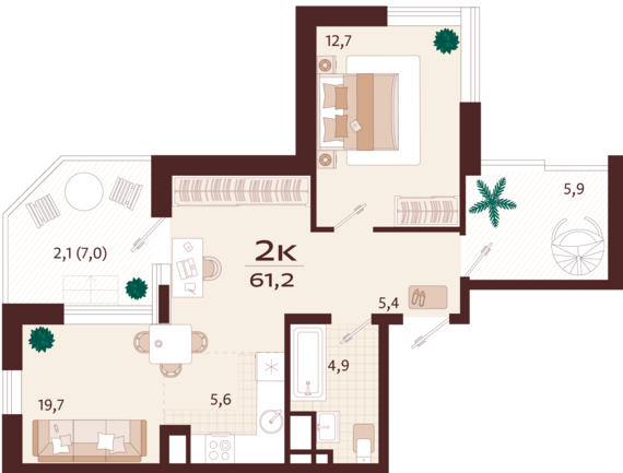 2-комнатная квартира №12 61,2 м2 от застройщика ГК ТОЧНО