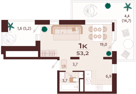 1-комнатная квартира №13 53,2 м2 от застройщика ГК ТОЧНО