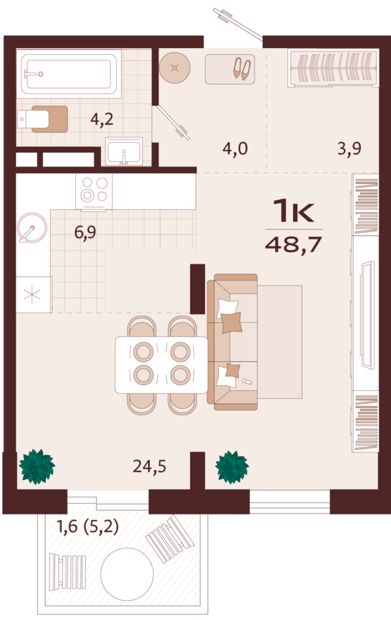 1-комнатная квартира №15 48,7 м2 от застройщика ГК ТОЧНО
