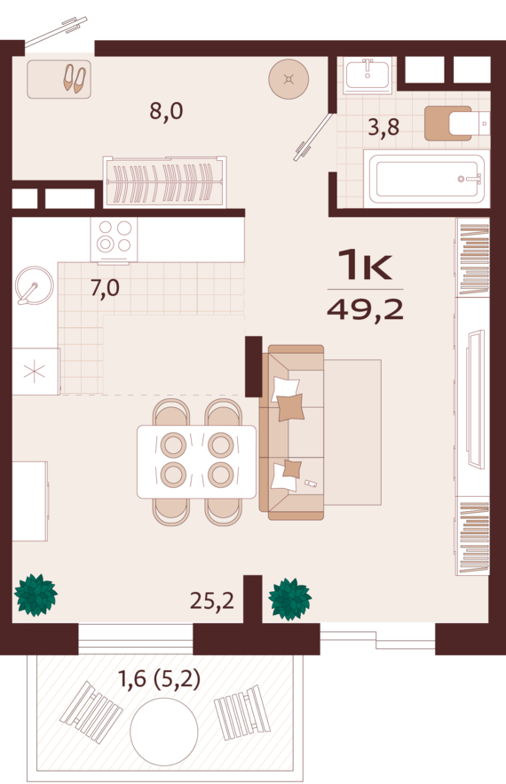 1-комнатная квартира №17 49,2 м2 от застройщика ГК ТОЧНО