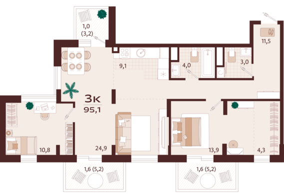 3-комнатная квартира №19 95,1 м2 от застройщика ГК ТОЧНО