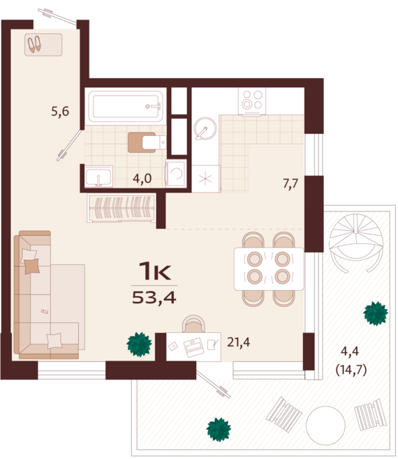 1-комнатная квартира №22 53,4 м2 от застройщика ГК ТОЧНО