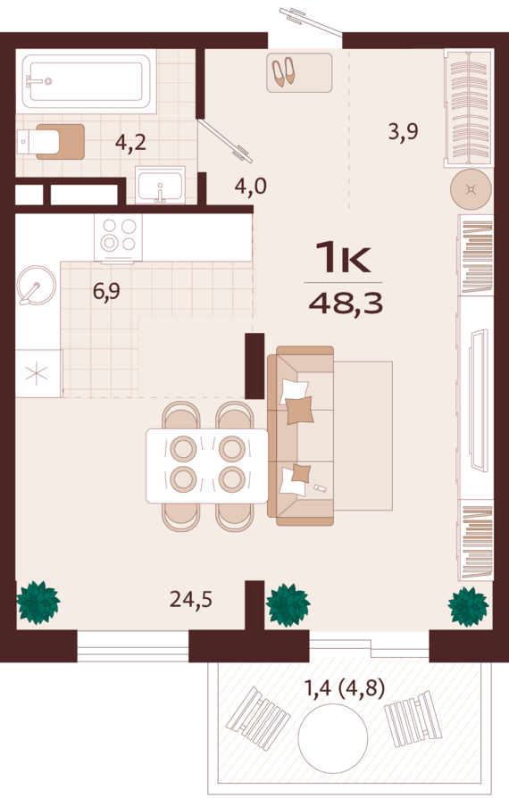 1-комнатная квартира №23 48,3 м2 от застройщика ГК ТОЧНО