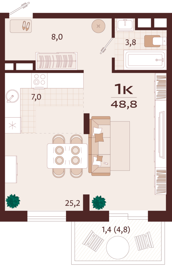1-комнатная квартира №25 48,8 м2 от застройщика ГК ТОЧНО