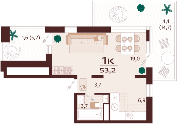 1-комнатная квартира №29 53,2 м2 от застройщика ГК ТОЧНО