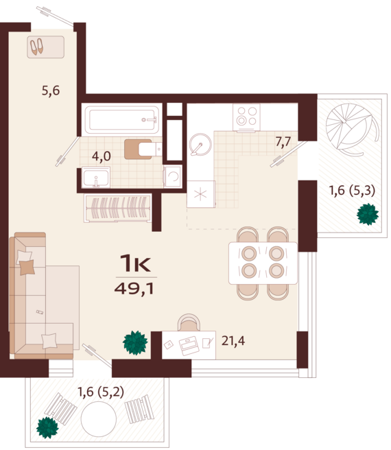 1-комнатная квартира №30 49,1 м2 от застройщика ГК ТОЧНО