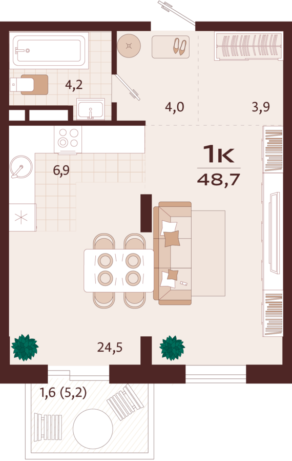 1-комнатная квартира №31 48,7 м2 от застройщика ГК ТОЧНО