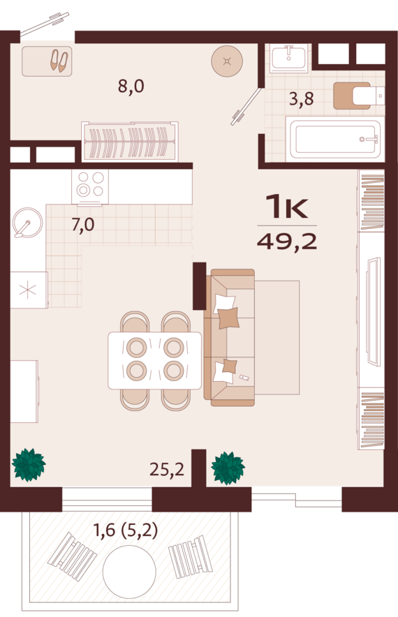 1-комнатная квартира №33 49,2 м2 от застройщика ГК ТОЧНО
