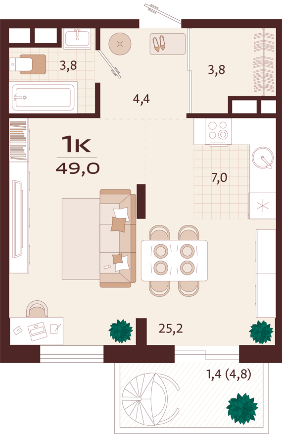 1-комнатная квартира №40 49 м2 от застройщика ГК ТОЧНО