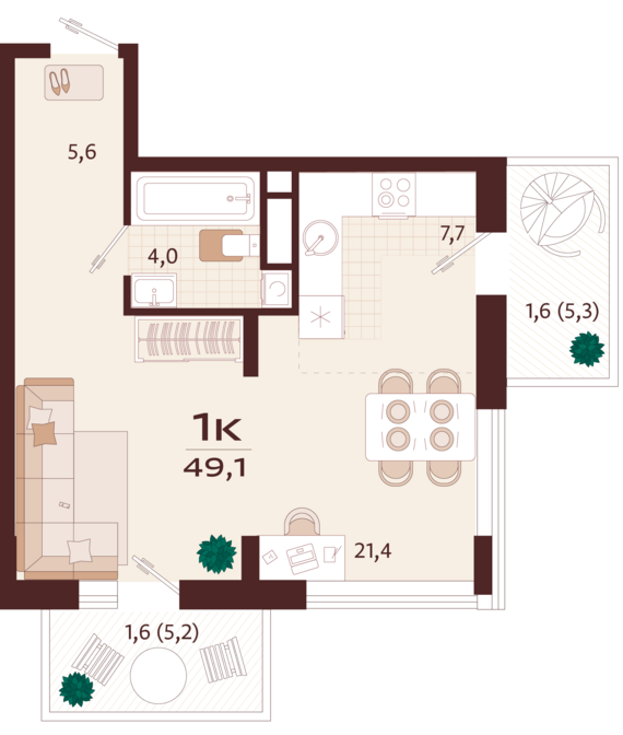 1-комнатная квартира №46 49,1 м2 от застройщика ГК ТОЧНО