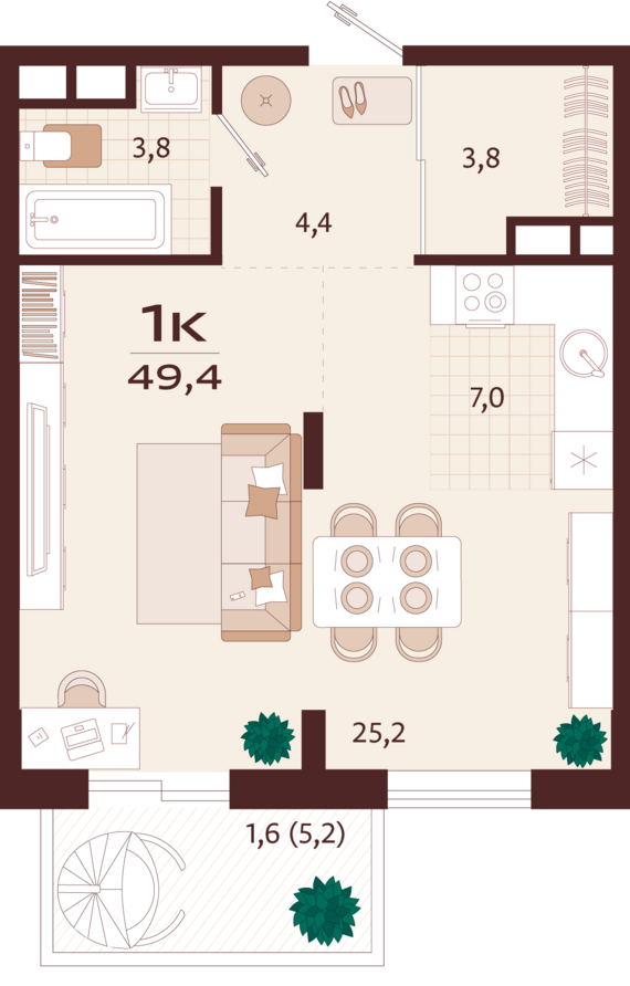 1-комнатная квартира №48 49,4 м2 от застройщика ГК ТОЧНО