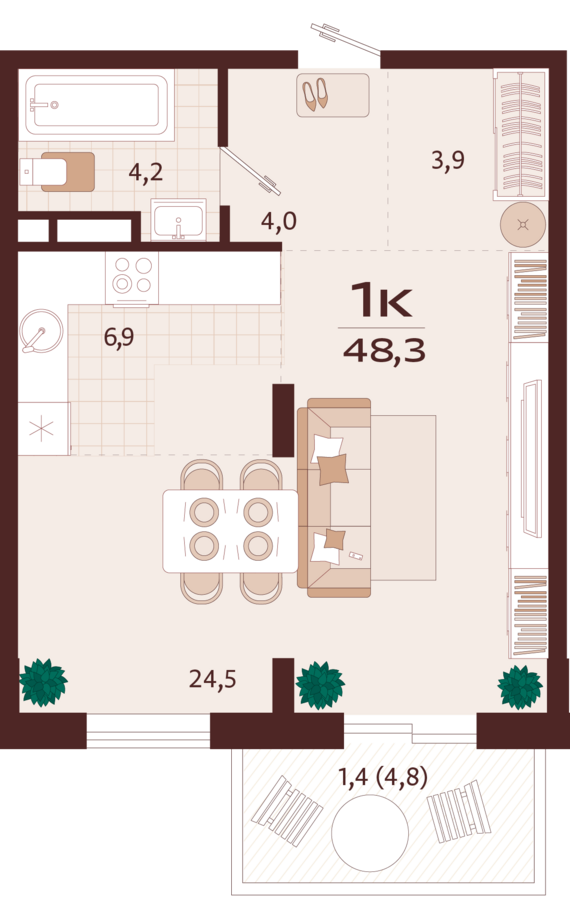 1-комнатная квартира №55 48,3 м2 от застройщика ГК ТОЧНО