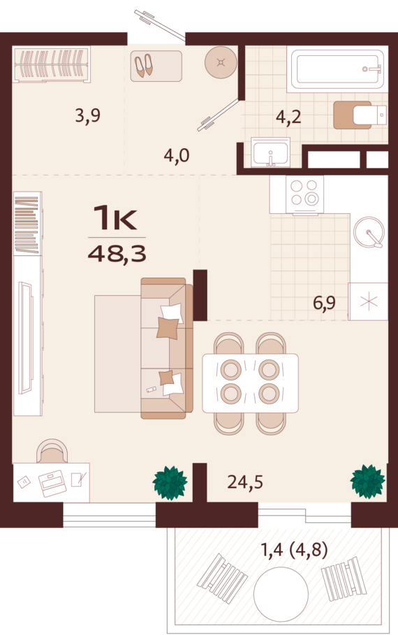 1-комнатная квартира №58 48,3 м2 от застройщика ГК ТОЧНО