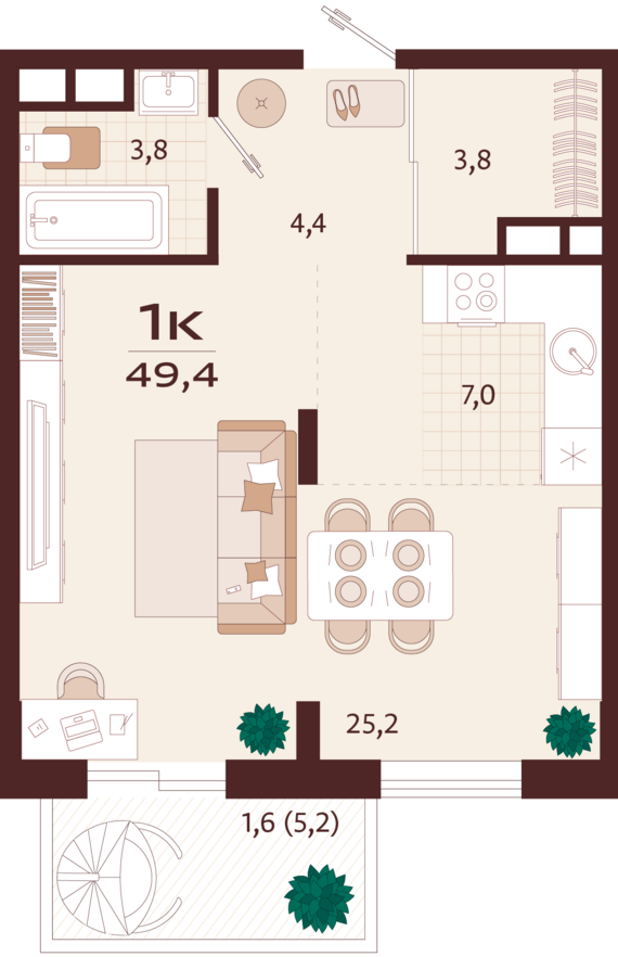 1-комнатная квартира №64 49,4 м2 от застройщика ГК ТОЧНО