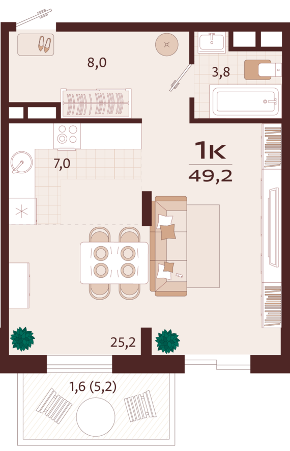 1-комнатная квартира №65 49,2 м2 от застройщика ГК ТОЧНО