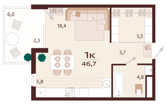 1-комнатная квартира №100 46,7 м2 от застройщика ГК ТОЧНО