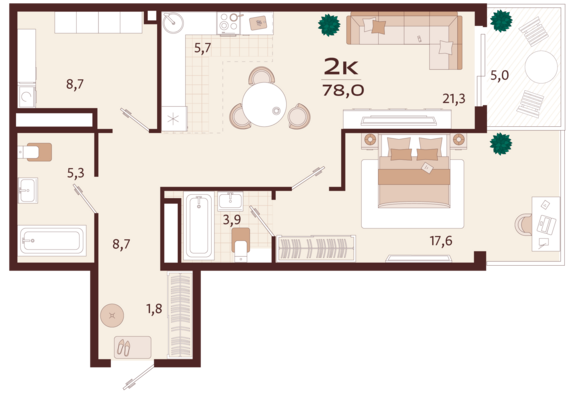 2-комнатная квартира №102 78 м2 от застройщика ГК ТОЧНО