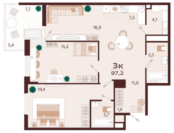 3-комнатная квартира №107 96,7 м2 от застройщика ГК ТОЧНО