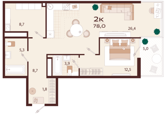 2-комнатная квартира №108 78 м2 от застройщика ГК ТОЧНО