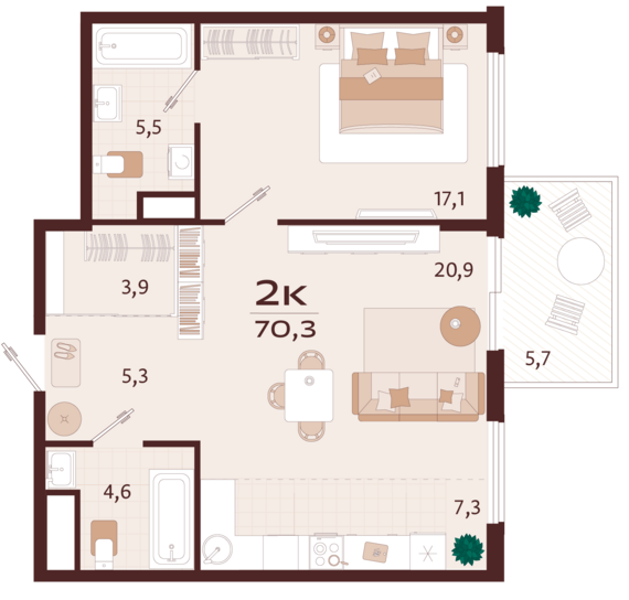 2-комнатная квартира №109 70,3 м2 от застройщика ГК ТОЧНО