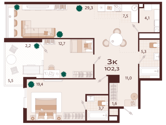 3-комнатная квартира №113 102,3 м2 от застройщика ГК ТОЧНО