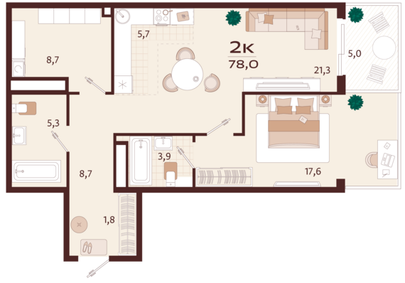 2-комнатная квартира №114 78 м2 от застройщика ГК ТОЧНО